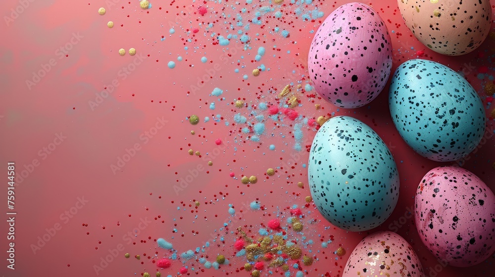 a group of speckled eggs sitting on top of a pink surface with confetti sprinkles. a group of speckled eggs sitting on top of a pink surface with confetti sprinkles.