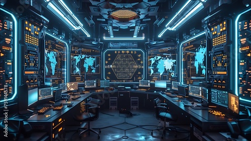 Golden Hive Hub: Futuristic bee robot command center in cybernetic hexagram office. cutting-edge intelligence and tech mastery. Generative AI photo