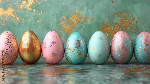 a row of painted eggs sitting in front of a green wall with gold sprinkles on the eggs.