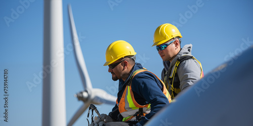 two workers in the maintenance of wind turbines 