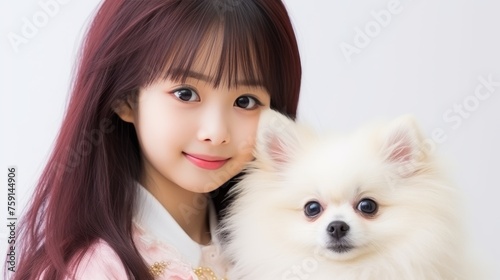 Happy asian woman and pet dog showing love and friendship on blurred white background