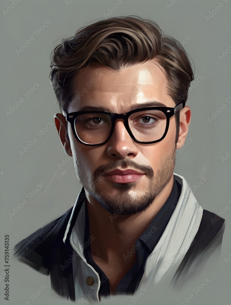 Digital painting of a handsome man with glasses. Generative AI Digital painting of a handsome man with glasses. Generative AI