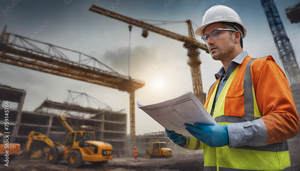 Young Engineer working on a construction site holding blueprints
Young Engineer working on a construction site holding blueprints