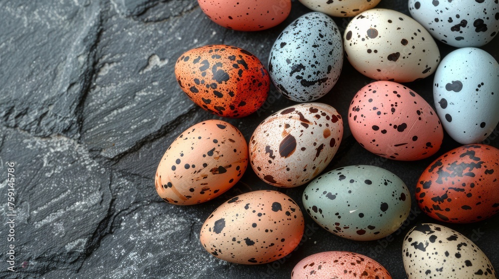 a group of speckled eggs sitting on top of a stone floor next to each other on top of a black surface.