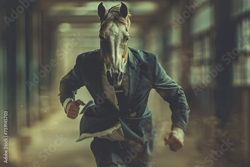 Workaholic man businessman with horse head running race