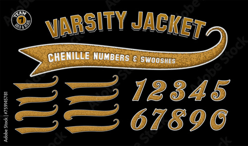 A collection of 3d effect numerals and swooshes with a gold embroidery patch varsity letter jacket style.