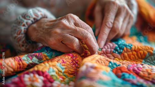 Close-up of elderly hands quilting.