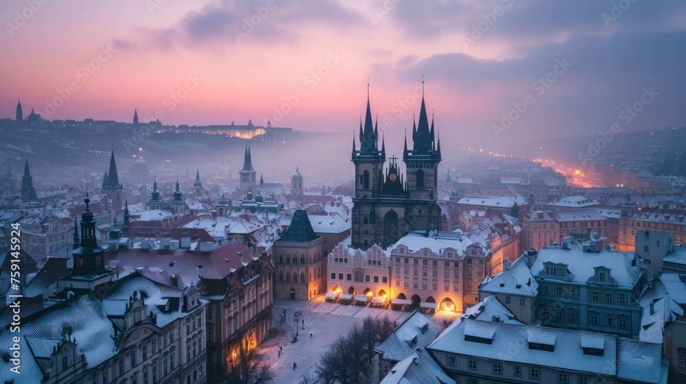 Obraz premium Beautiful historical buildings in winter with snow and fog in Prague city in Czech Republic in Europe.