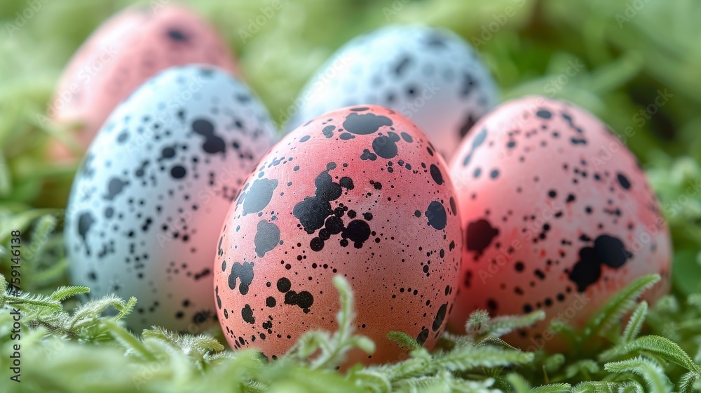 a group of speckled eggs sitting on top of a bed of green leafy grass next to each other.