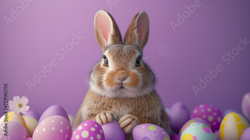 Cute bunny surrounded by colorful Easter eggs on purple background.