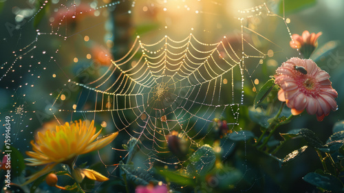 A dew-covered spiderweb among flowers.