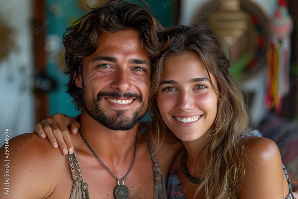 The man and woman are smiling happily for the camera, enjoying a leisure event The man and woman are smiling happily for the camera, enjoying a leisure event