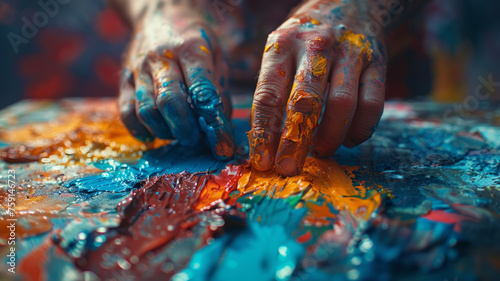 Close-up of hands covered in paint on canvas photo