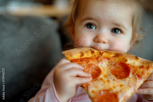 Cute little girl eating pizza at home in the living room