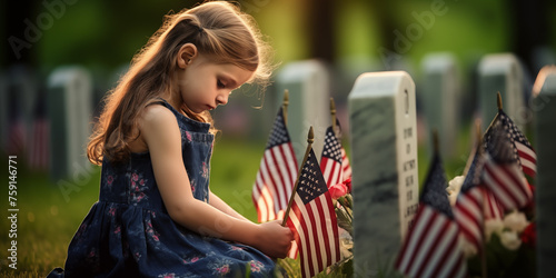 Kid sit on their knees to mourn the soldiers on Memorial Day or Victory Day