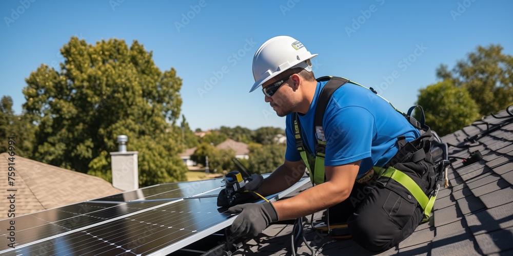 Worker Installing a solar panels on a home rooftop. Engineer worker install solar panel on a roof. Clean energy concept. Energy saving and concept Worker Installing a solar panels on a home rooftop. Engineer worker install solar panel on a roof. Clean energy concept. Energy saving and concept
