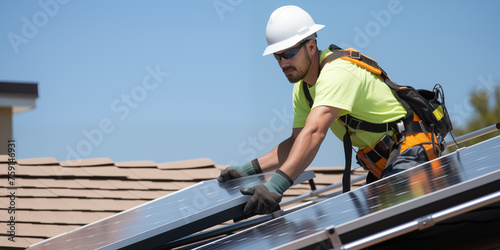 Worker Installing a solar panels on a home rooftop. Engineer worker install solar panel on a roof. Clean energy concept. Energy saving and concept