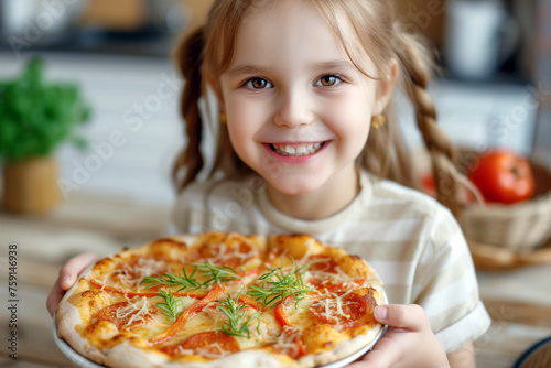 Child girl happily eats pizza in cozy kitchen scene