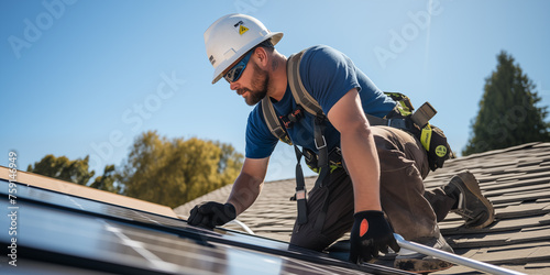 Worker Installing a solar panels on a home rooftop. Engineer worker install solar panel on a roof. Clean energy concept. Energy saving and concept