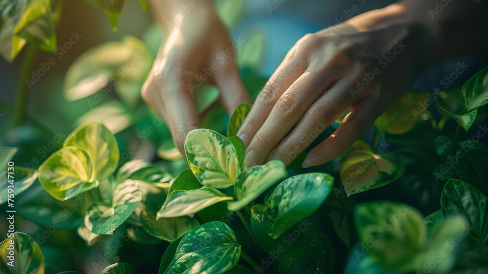 Hands tending to green plants. Hands tending to green plants.