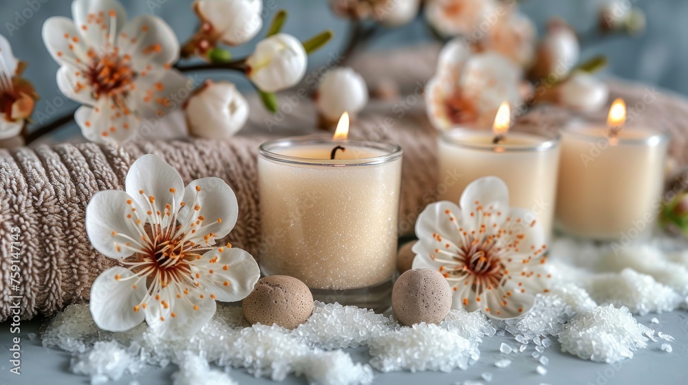 a group of candles sitting on top of snow covered ground next to flowers and a roll of twine of twine. a group of candles sitting on top of snow covered ground next to flowers and a roll of twine of twine.