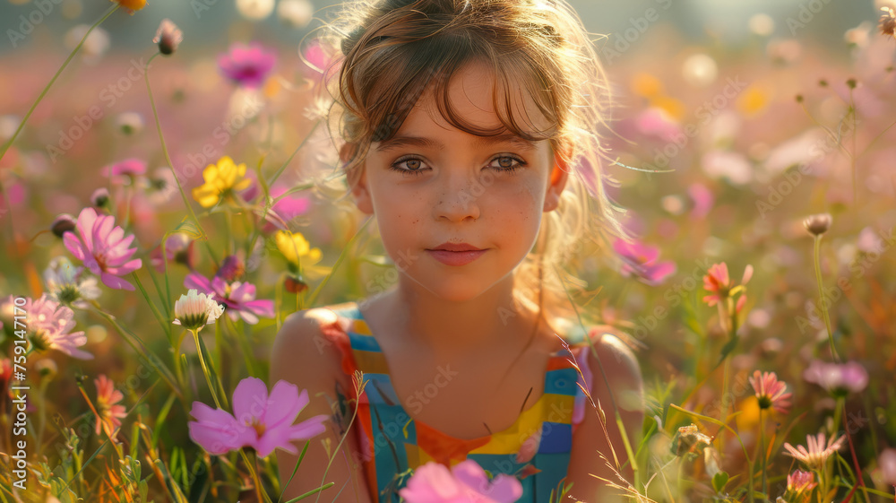 Girl in a flower field at sunset.