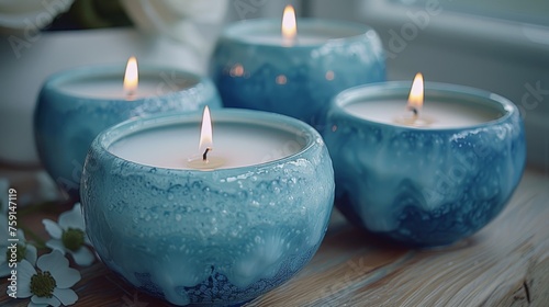 a group of three blue candles sitting on top of a table next to a white flower on top of a wooden table.