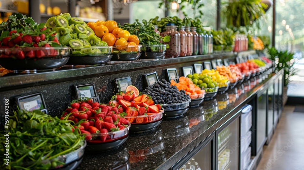 The office break area features a DIY smoothie station with a variety of fruits, vegetables, and proteins, allowing employees to create their nutritious beverages while at work 