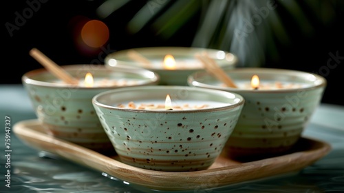 a group of tea lights sitting on top of a wooden tray on top of a blue tablecloth covered table.