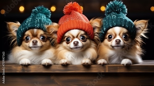 Adorable chihuahuas wearing funny winter hats for a cozy winter photoshoot with cute pet dogs © chelmicky