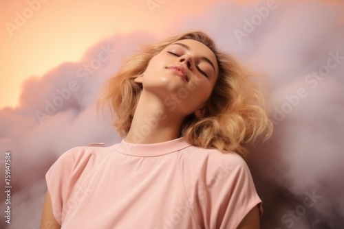 Romantic girl with closed eyes in pink clouds with copy space, Valentine's day and love