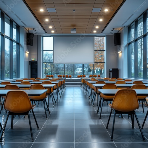 Step into a modern classroom interior featuring sleek chairs arranged neatly around a spacious area