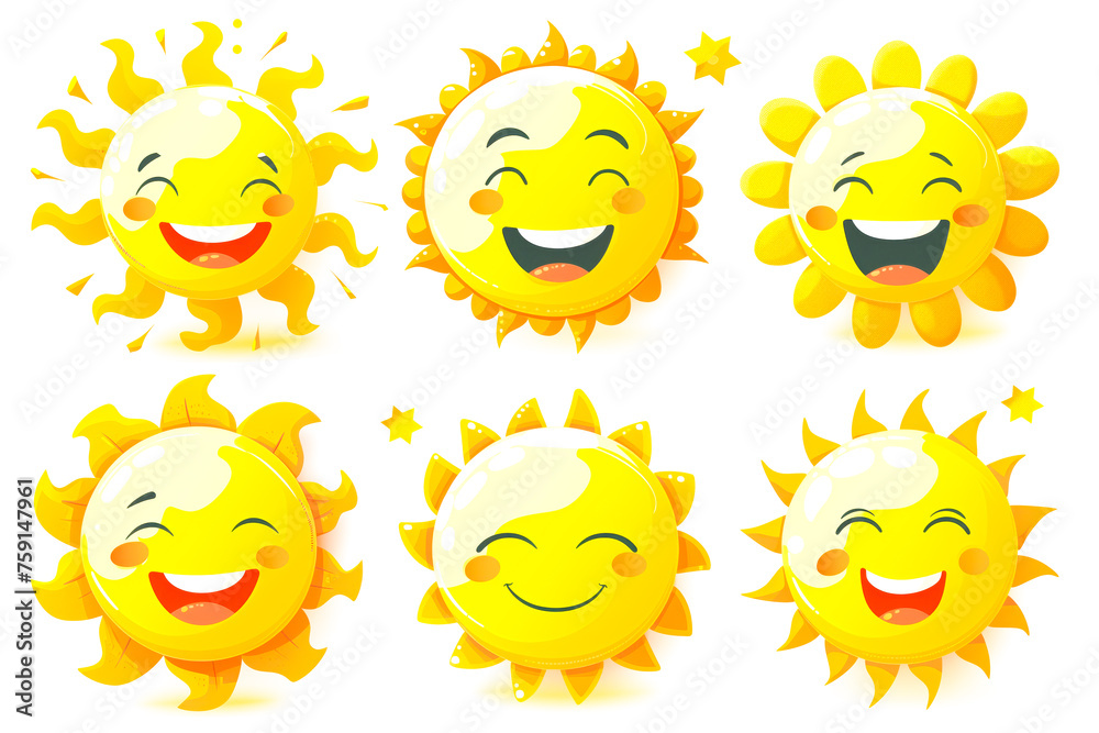 Cute suns. Sunshine emoji, cute smiling faces. Summer sunlight emoticons and morning sunny weather. Isolated funny smileys vector icons. Sunshine and sunny emoji, yellow face emoticon illustration Cute suns. Sunshine emoji, cute smiling faces. Summer sunlight emoticons and morning sunny weather. Isolated funny smileys vector icons. Sunshine and sunny emoji, yellow face emoticon illustration