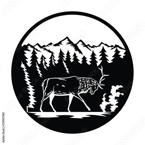 Retro illustration of a bull elk, Cervus canadensis or wapiti fighting stance side view in Rocky Mountain National Park, Colorado, United States inside circle isolated background in black and white.
