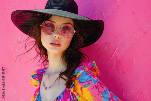 Beauty portrait of a young beautiful woman in bright clothes