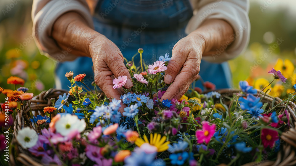 Hands arranging a basket of colorful flowers Hands arranging a basket of colorful flowers