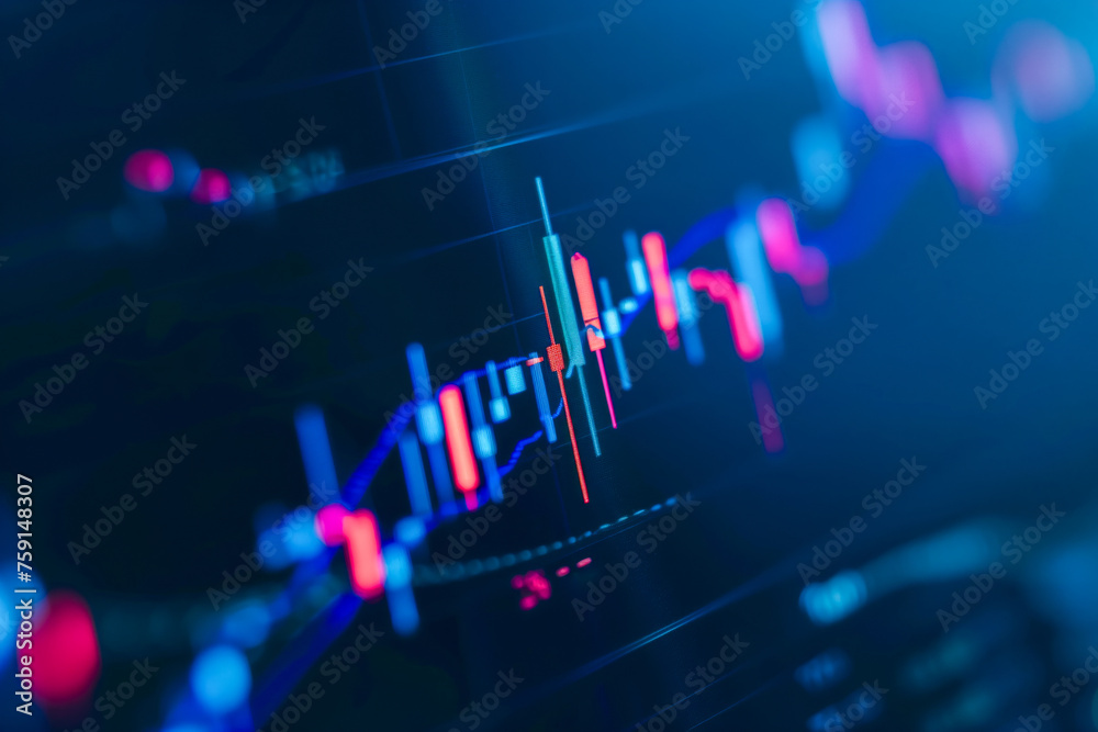 Closeup financial chart with uptrend line candlestick graph in stock market on blue color monitor background - obrazy, fototapety, plakaty 