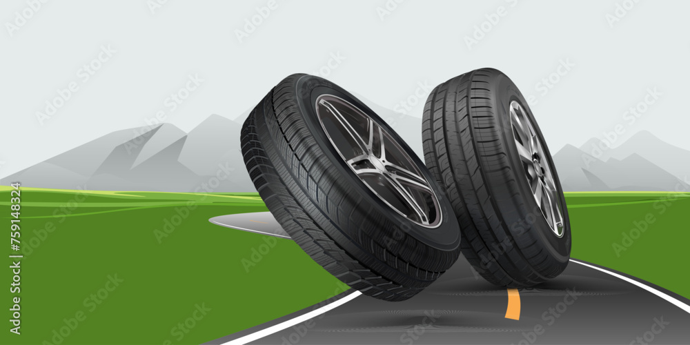 Rubber tires with alloy wheels. Road, mountains. Advertising, web design. Realistic vector shining disk car wheel tyre. Information. Store. Action. Landscape poster, digital banner.