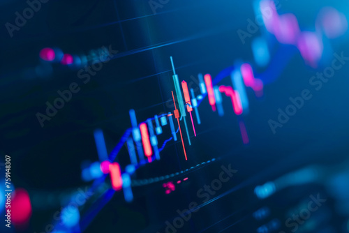 Closeup financial chart with uptrend line candlestick graph in stock market on blue color monitor background photo
