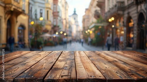 Empty wooden table in the corner of urban european street, blur background with passerby table