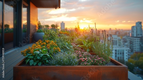An urban rooftop garden with space-maximizing planters filled with herbs and vegetables, complemented by a drip irrigation system and natural fertilizer options