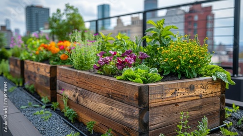 An urban rooftop garden with space-maximizing planters filled with herbs and vegetables, complemented by a drip irrigation system and natural fertilizer options
