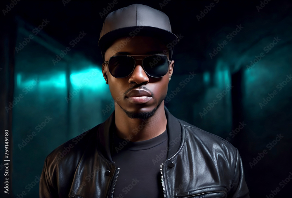 Portrait of a stylish black rapper wearing a leather jacket and baseball cap - obrazy, fototapety, plakaty 