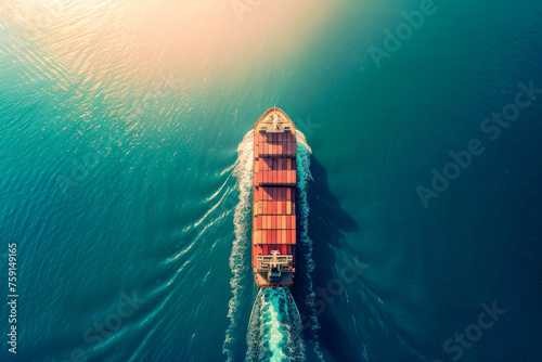 Aerial view from drone, Container ship or cargo shipping business logistic import and export freight transportation by container ship in open sea, Container loading cargo freight ship boat