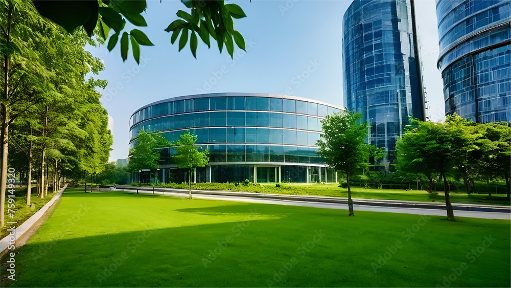 Eco-friendly circular building in the modern city. Sustainable glass office building with tree to protect environment