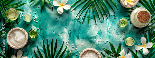 Spa cosmetics on a summer background, top view. Selective focus.