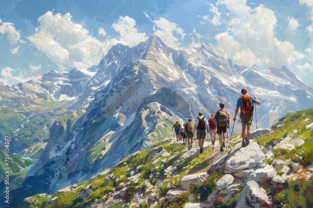 Group of hikers with backpacks in the mountains