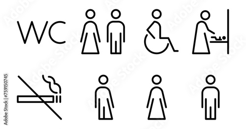 Public WC sign. Toilet vector line icon set. Restroom for male, female, transgender, mother and baby, disabled person. 