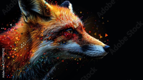 a close up of a fox s face with colored confetti on it s fur and a black background.