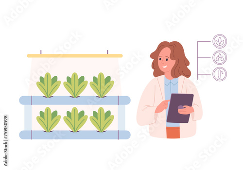 Hydroponics technology for plants growing. Vertical farming. Scientist or biologist grows plants in hydroponic farm. Smart farm. Vector illustration in flat style